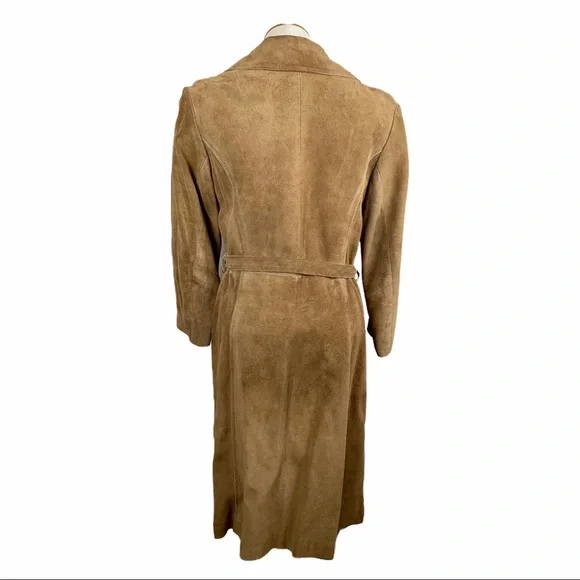 70s Suede Belted Trench Coat Double Breasted Brown Womens Medium